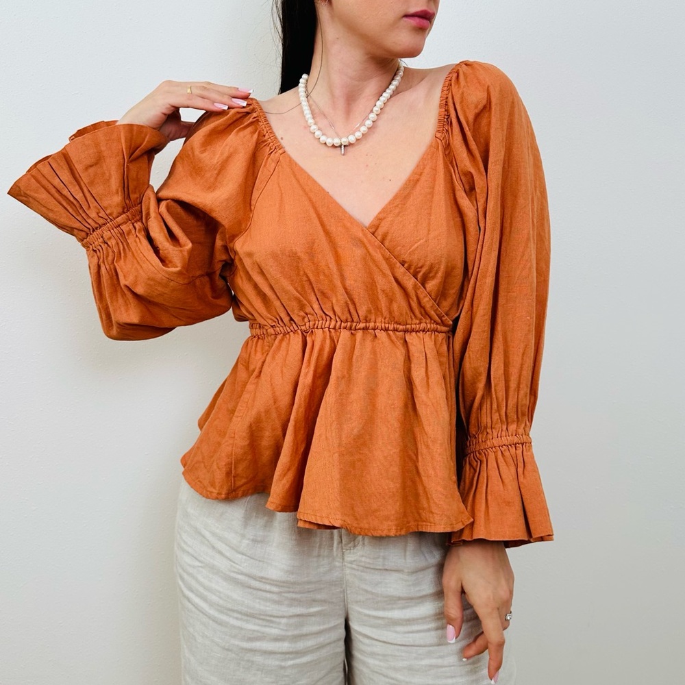 Free People 3/4 Sleeve Wrap Peplum Blouse Top Cinnamon Color